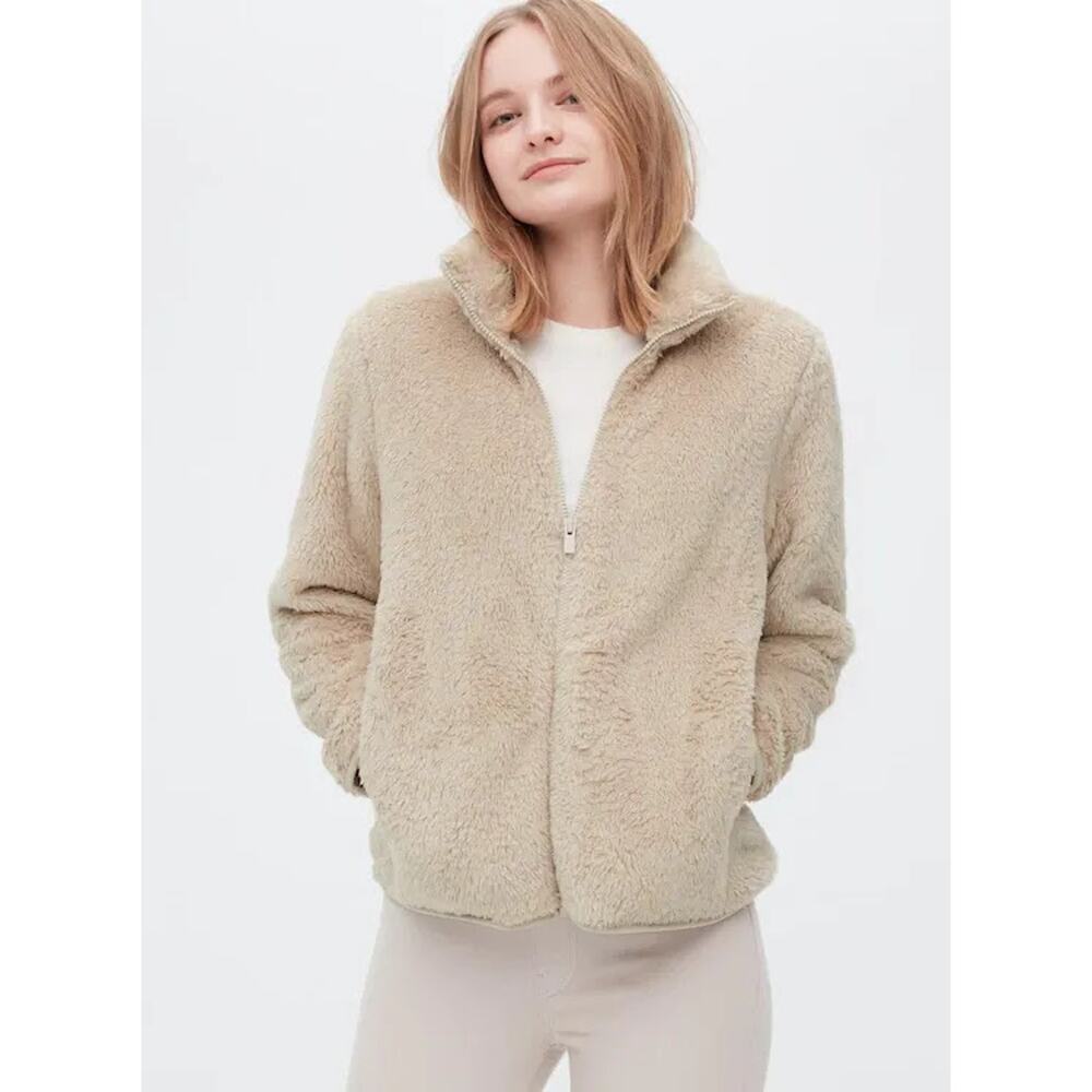 UNIQLO Fluffy Fleece Teddy Full Zip Jacket Cream Natural X-Small